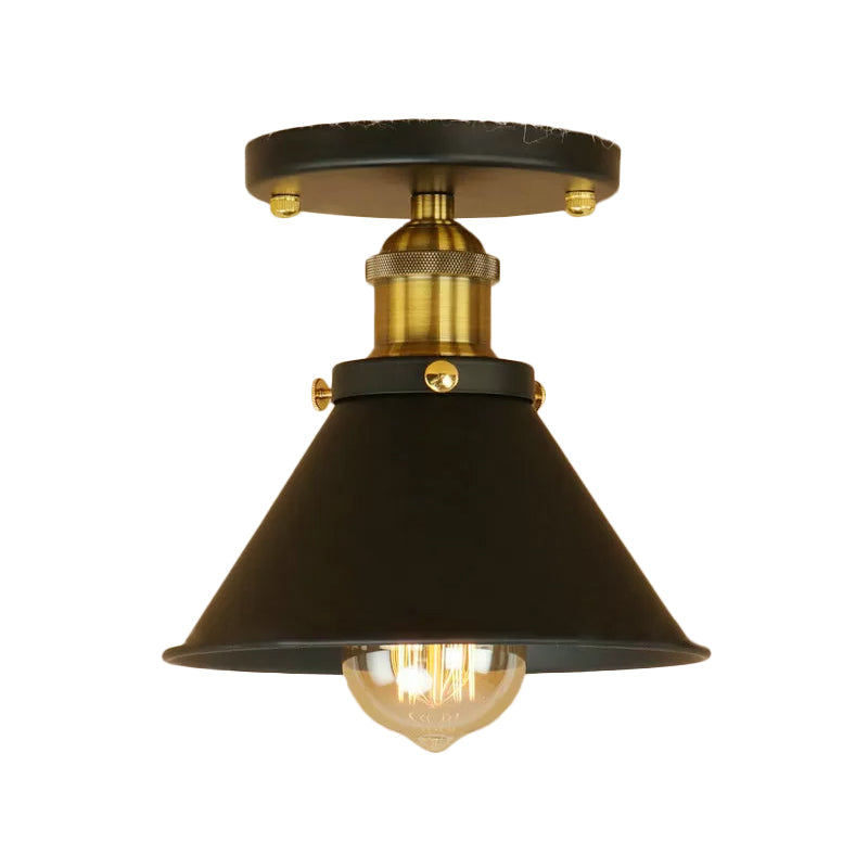 Industrial Iron Cone Shade 1-Light Ceiling Lamp: Rust/Black/Copper Semi Mount Lighting