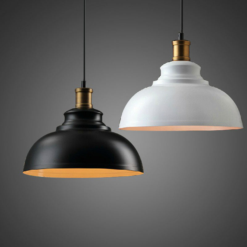 Industrial Metal Ceiling Suspension Lamp In Black/White - Single-Bulb Drop Pendant Bowl Shape