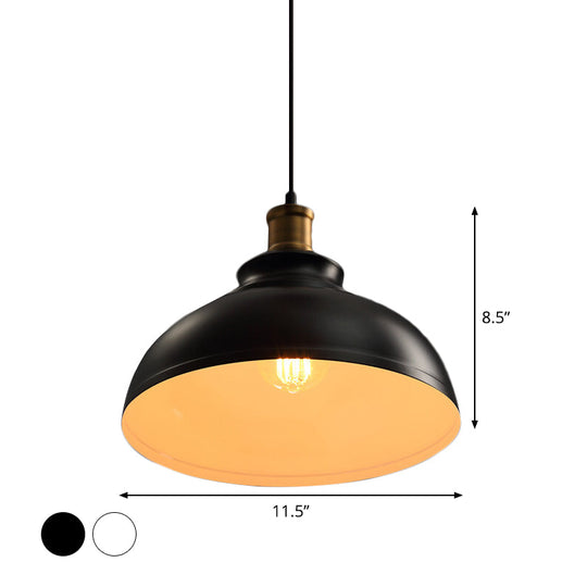 Industrial Metal Ceiling Suspension Lamp In Black/White - Single-Bulb Drop Pendant Bowl Shape