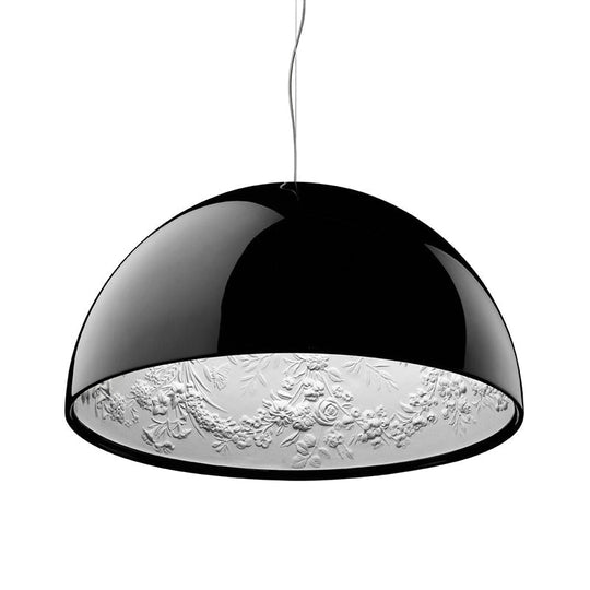 Black/White Hemispherical Resin Pendulum Light Industrial Pendant Lamp With Carved Rose - Single