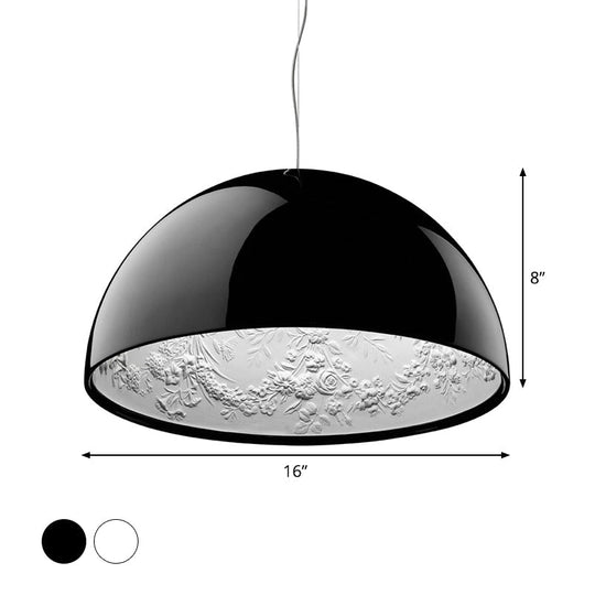 Hemispherical Resin Pendant Light 16"/23" – Single Living Room Lamp in Black/White with Carved Rose Design