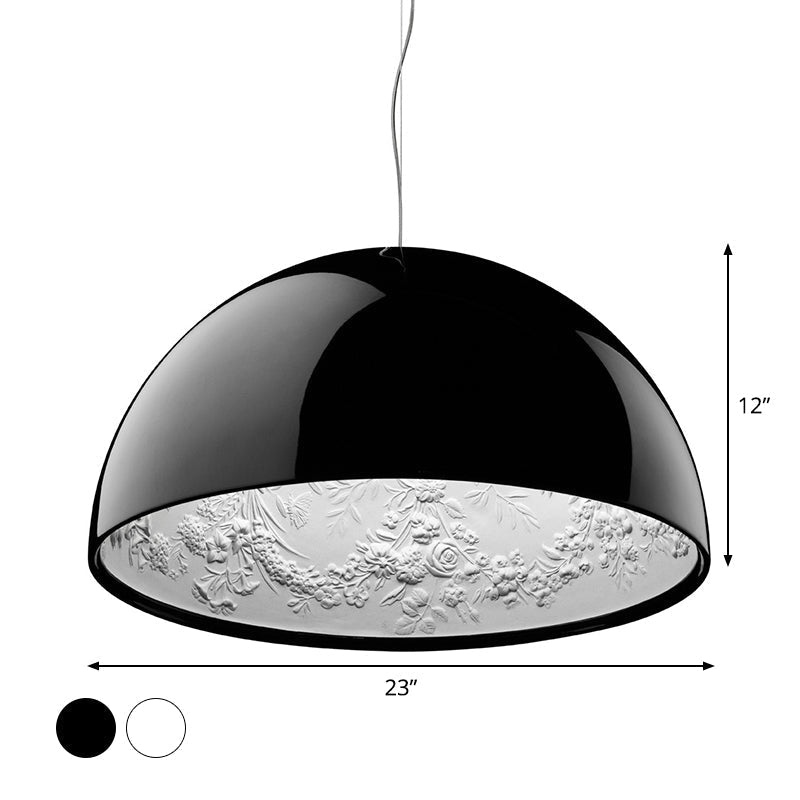 Black/White Hemispherical Resin Pendulum Light Industrial Pendant Lamp With Carved Rose - Single