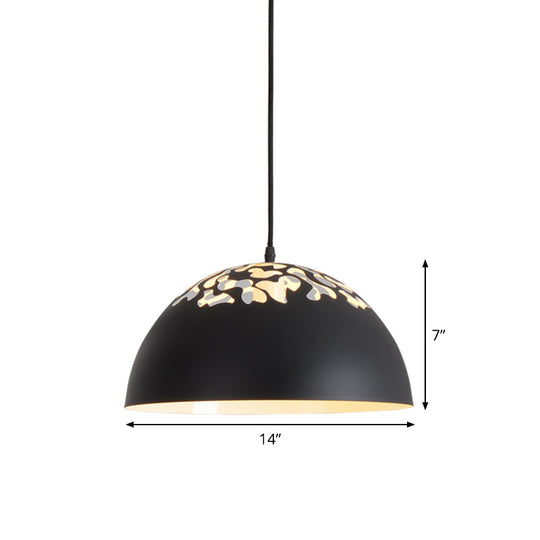 Nordic Dome Ceiling Pendant Light - 14"/16" Wide, 1-Light Iron Lamp with Hollowed Top - Black/White