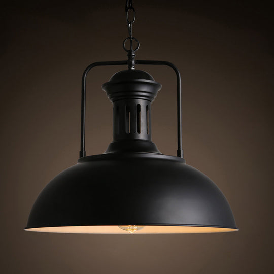 Loft Style Black/Black-White Metallic Hanging Lamp With Arm - 1-Bulb Bowl Drop Pendant Vented Socket