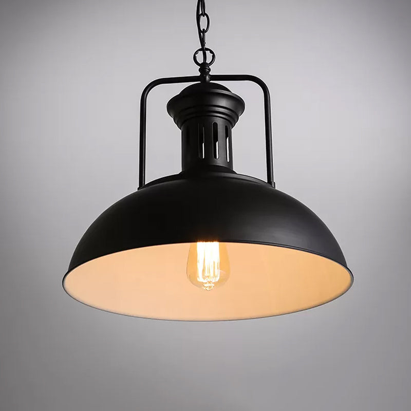 Loft Style Black/Black-White Metallic Hanging Lamp With Arm - 1-Bulb Bowl Drop Pendant Vented Socket