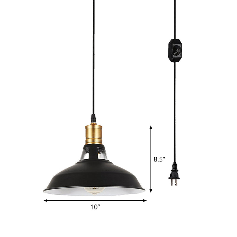 Rustic Bedside Hanging Lamp: Plug-In Pendant Lighting With Barn Iron Shade In Black - 1 Light