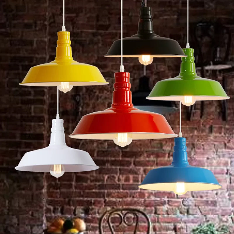 Industrial Barn Shade Pendant Lamp - Red/Yellow/White Finish Hanging Light Kit Black