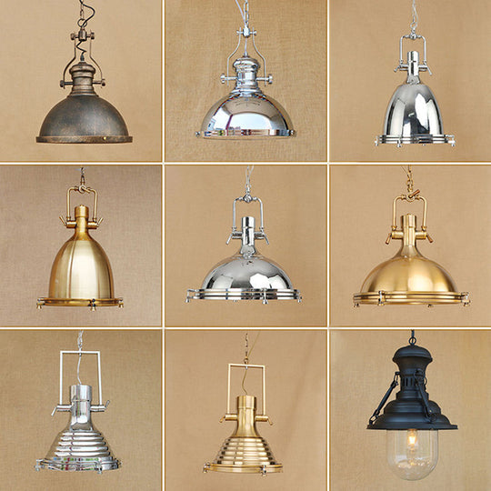 Farmhouse Cloche Pendant Light In Bronze/Chrome With Handle - Metal Hanging Ceiling Lamp