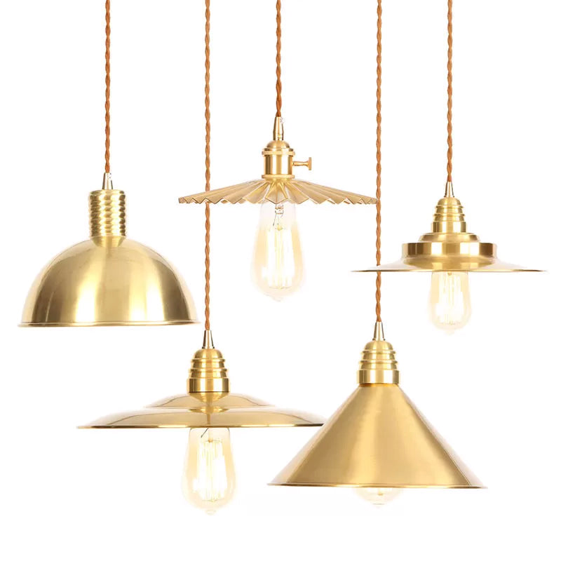 Antiqued Iron Gold Pendant Lamp with Single-Bulb, Flat/Bowl/Cone Shade Suspension Fixture