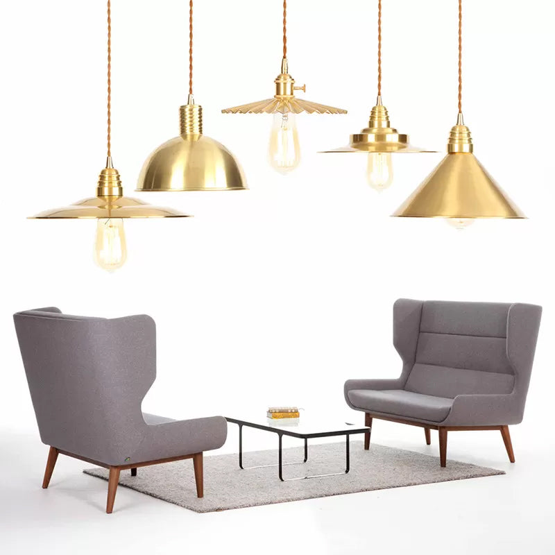 Iron Gold Pendant Lamp With Flat/Bowl/Cone Shade & Single-Bulb - Vintage Suspension Fixture