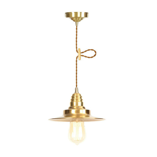 Antiqued Iron Gold Pendant Lamp with Single-Bulb, Flat/Bowl/Cone Shade Suspension Fixture