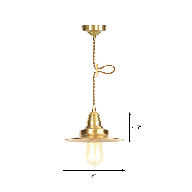 Antiqued Iron Gold Pendant Lamp with Single-Bulb, Flat/Bowl/Cone Shade Suspension Fixture