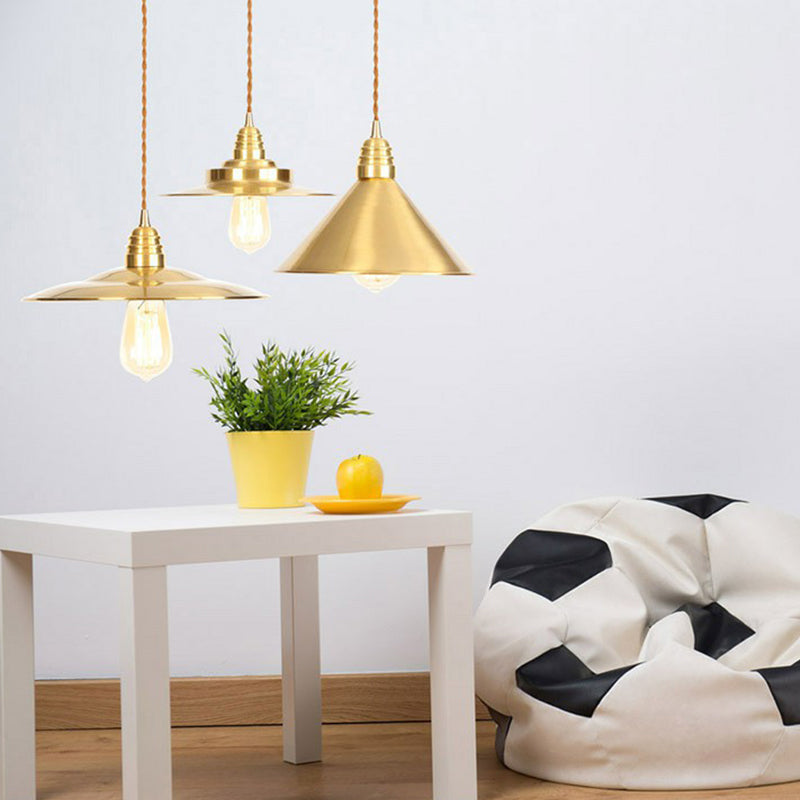 Iron Gold Pendant Lamp With Flat/Bowl/Cone Shade & Single-Bulb - Vintage Suspension Fixture / Wide