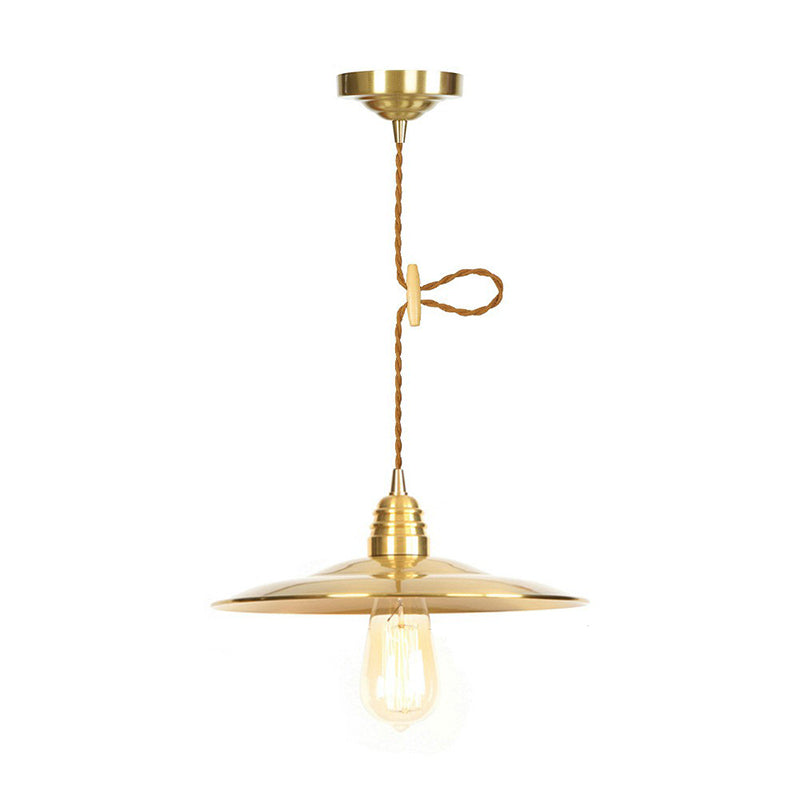 Antiqued Iron Gold Pendant Lamp with Single-Bulb, Flat/Bowl/Cone Shade Suspension Fixture