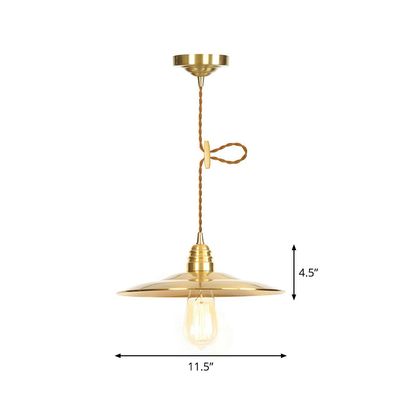 Antiqued Iron Gold Pendant Lamp with Single-Bulb, Flat/Bowl/Cone Shade Suspension Fixture