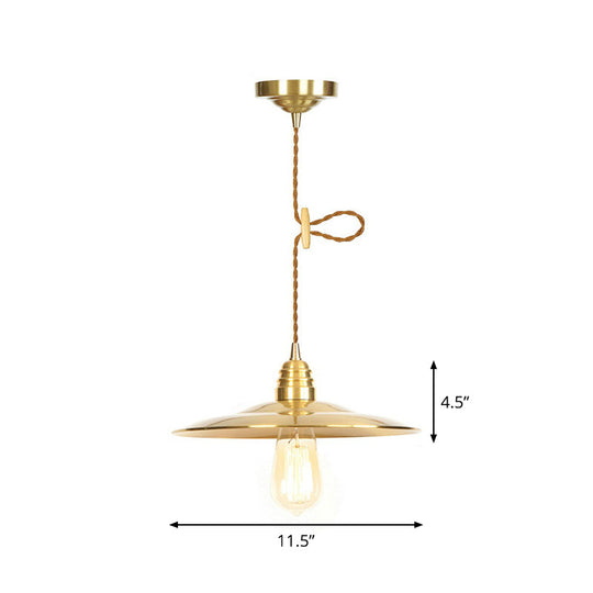 Iron Gold Pendant Lamp With Flat/Bowl/Cone Shade & Single-Bulb - Vintage Suspension Fixture