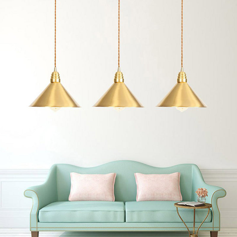 Antiqued Iron Gold Pendant Lamp with Single-Bulb, Flat/Bowl/Cone Shade Suspension Fixture