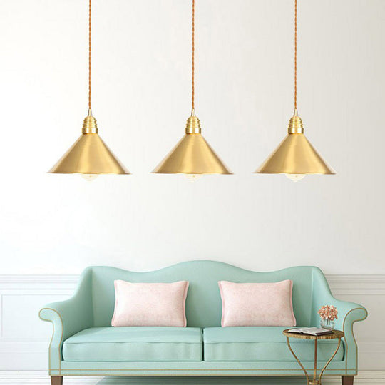 Iron Gold Pendant Lamp With Flat/Bowl/Cone Shade & Single-Bulb - Vintage Suspension Fixture /