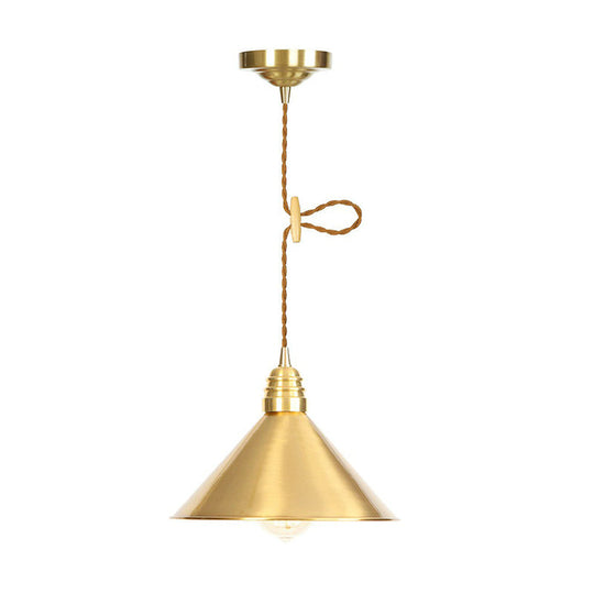 Antiqued Iron Gold Pendant Lamp with Single-Bulb, Flat/Bowl/Cone Shade Suspension Fixture