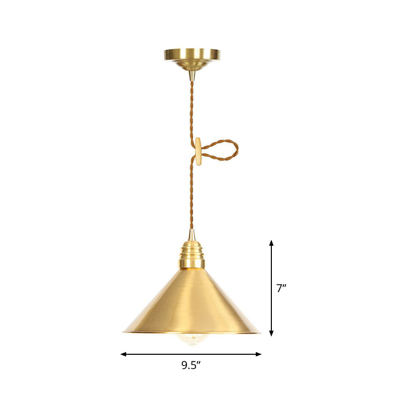 Antiqued Iron Gold Pendant Lamp with Single-Bulb, Flat/Bowl/Cone Shade Suspension Fixture