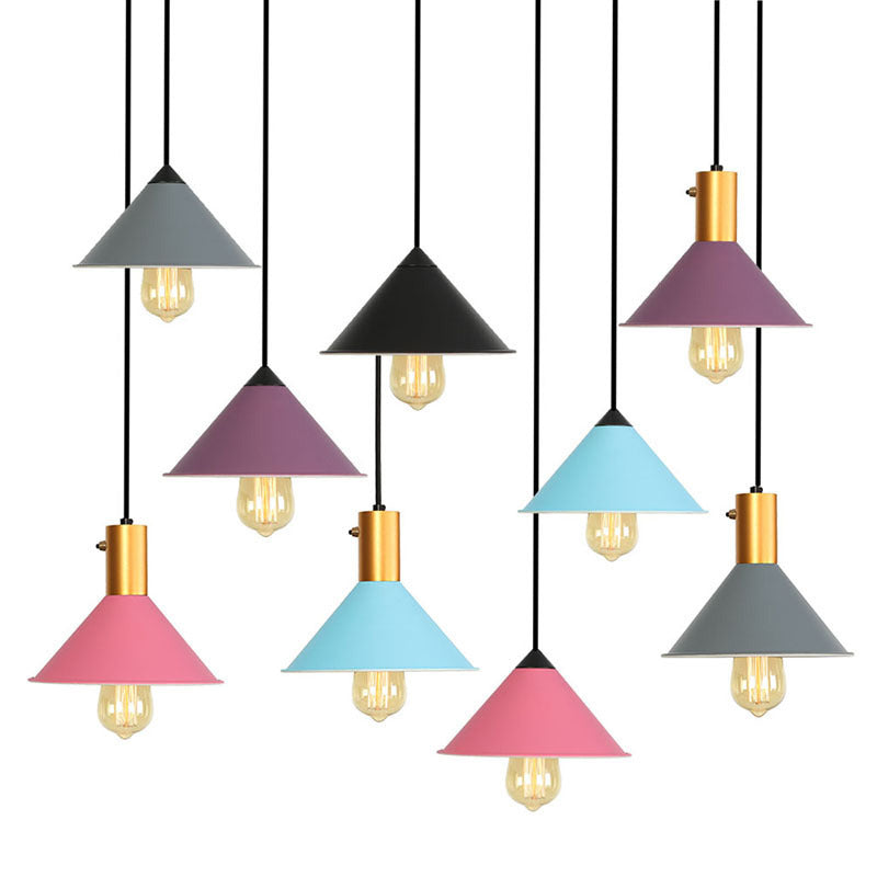 Roll-Edged Conical Iron Pendant Lamp in Pink/Blue/Grey - Loft Style for Single Dining Room