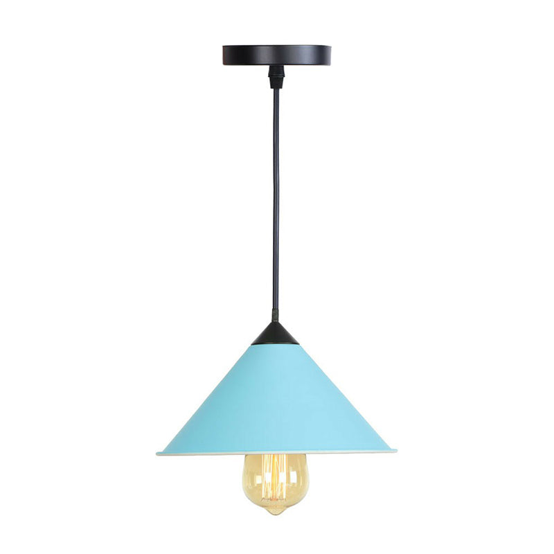 Conical Drop Pendant Dining Room Hanging Lamp In Pink/Blue/Grey With Loft Style And Rolled Edge Blue