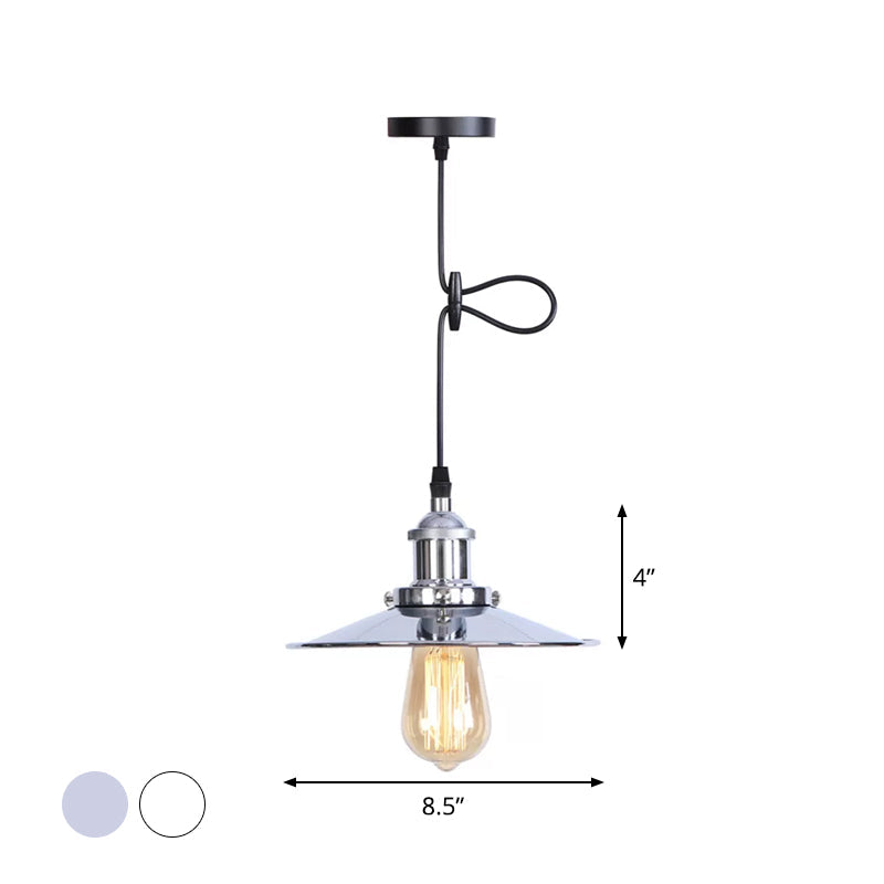 Flared Hanging Light Fixture - 1 Head Iron Ceiling Lamp in White/Chrome - Warehouse Design