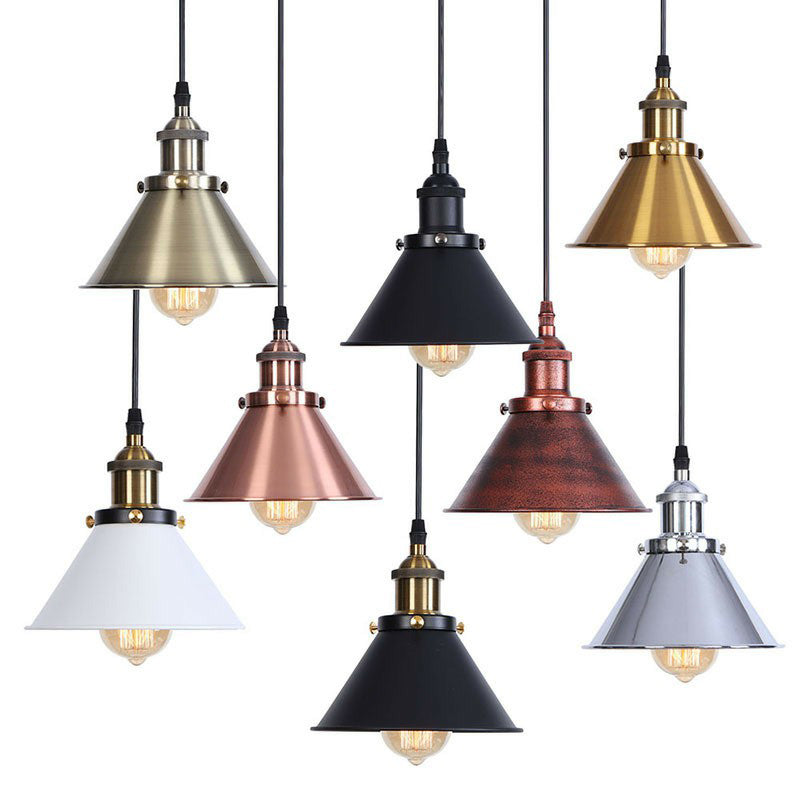 Industrial Single-Bulb Cone Pendant Light in Black/Copper/Rust with Rolled Trim and Cord Grip