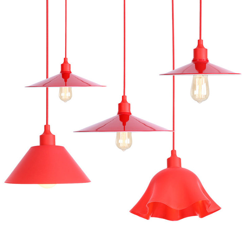 Iron Hanging Lamp Kit - Red Industrial Tapered/Cage/Wide Flared Pendant Light For Living Room