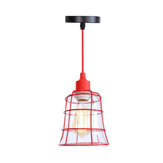 Iron Hanging Lamp Kit - Red Industrial Tapered/Cage/Wide Flared Pendant Light For Living Room