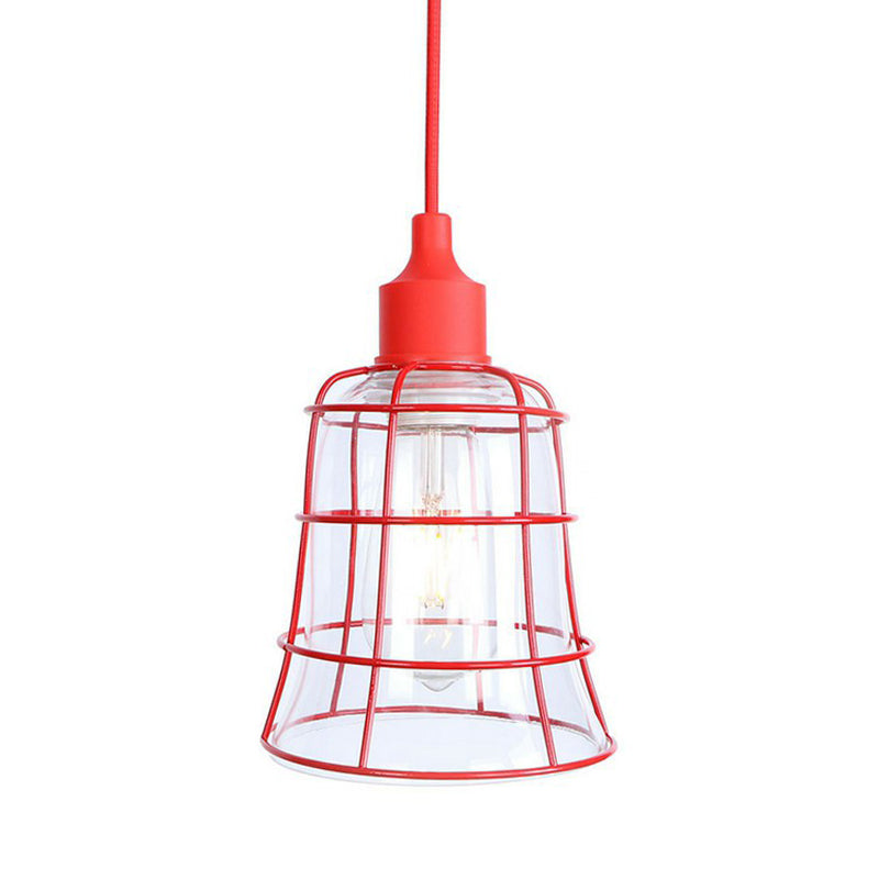 Iron Hanging Lamp Kit - Red Industrial Tapered/Cage/Wide Flared Pendant Light For Living Room