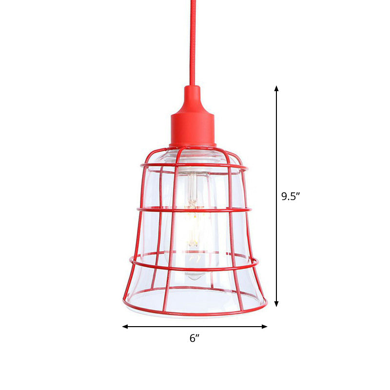 Iron Hanging Lamp Kit - Red Industrial Tapered/Cage/Wide Flared Pendant Light For Living Room