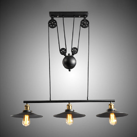 Rustic 3-Head Pendant Light With Black Flared Shade Pulley And Metallic Finish - Perfect For Your