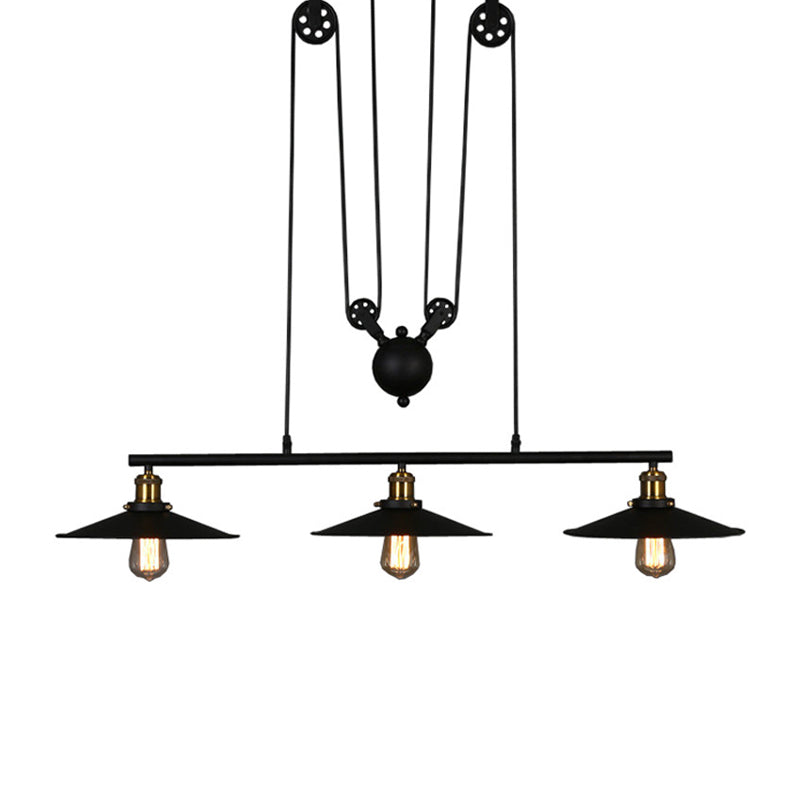 Rustic 3-Head Pendant Light With Black Flared Shade Pulley And Metallic Finish - Perfect For Your