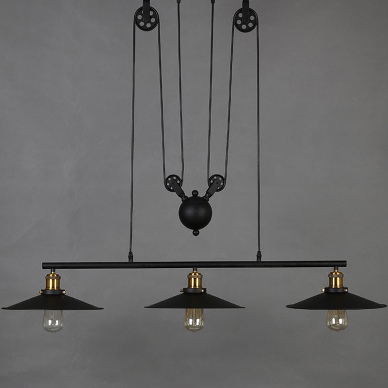 Rustic 3-Head Pendant Light With Black Flared Shade Pulley And Metallic Finish - Perfect For Your