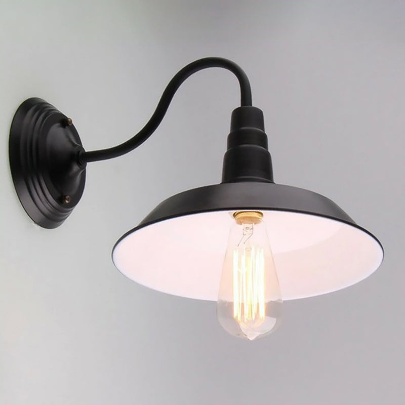 Vintage Barn Wall Light - 10/14 Wide Metal Gooseneck Fixture Black