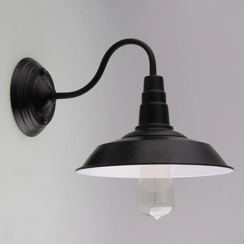 Vintage Barn Wall Light - 10/14 Wide Metal Gooseneck Fixture Black