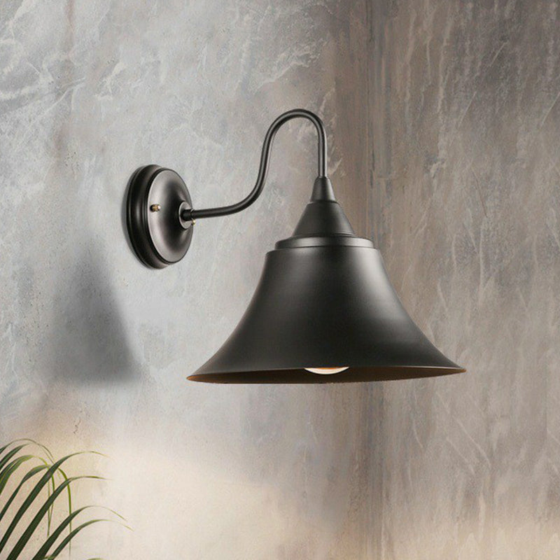 Farmhouse Black Iron Gooseneck Wall Lamp With Bell Shade And Single Bulb