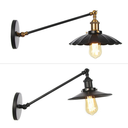 Rustic Iron Swing Arm Kitchen Wall Lamp - Horn/Flared/Scalloped Design Single-Bulb Black Finish