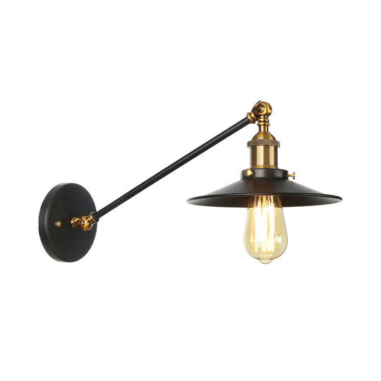 Rustic Iron Swing Arm Kitchen Wall Lamp - Horn/Flared/Scalloped Design Single-Bulb Black Finish