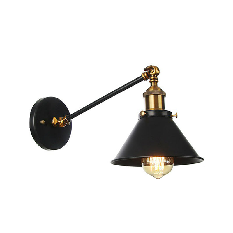 Rustic Iron Swing Arm Kitchen Wall Lamp - Horn/Flared/Scalloped Design Single-Bulb Black Finish