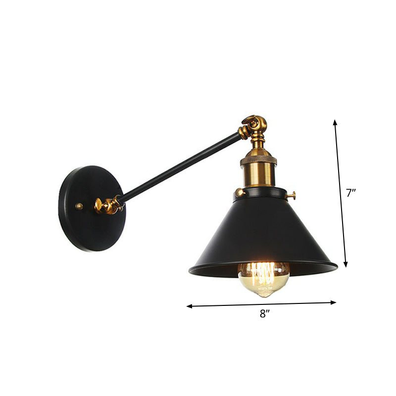 Rustic Iron Swing Arm Kitchen Wall Lamp - Horn/Flared/Scalloped Design Single-Bulb Black Finish