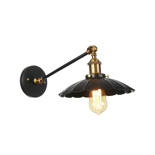 Rustic Iron Swing Arm Kitchen Wall Lamp - Horn/Flared/Scalloped Design Single-Bulb Black Finish