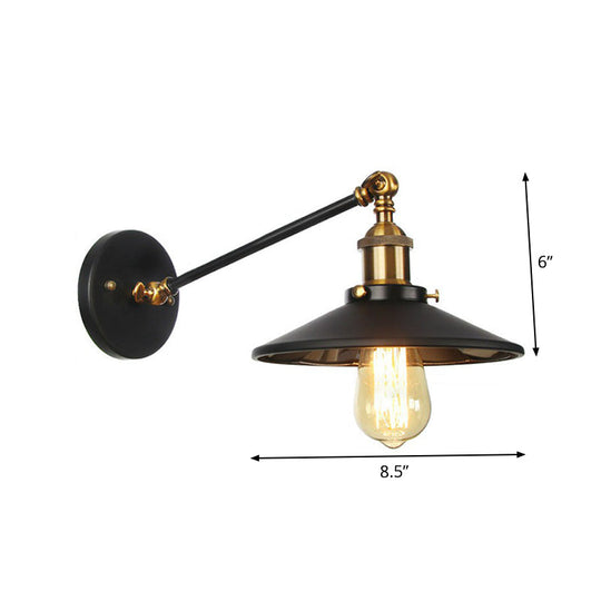 Rustic Iron Swing Arm Kitchen Wall Lamp - Horn/Flared/Scalloped Design Single-Bulb Black Finish