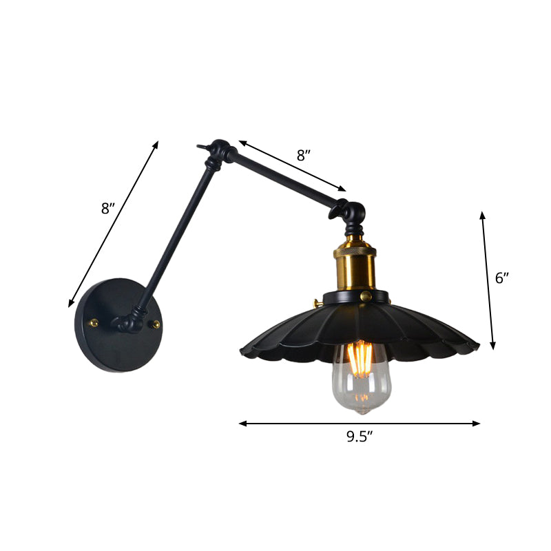 Scalloped Wall Lamp With Adjustable Arm In Black - Loft Style 1 Head Iron Mounted Light 8+8/12+12