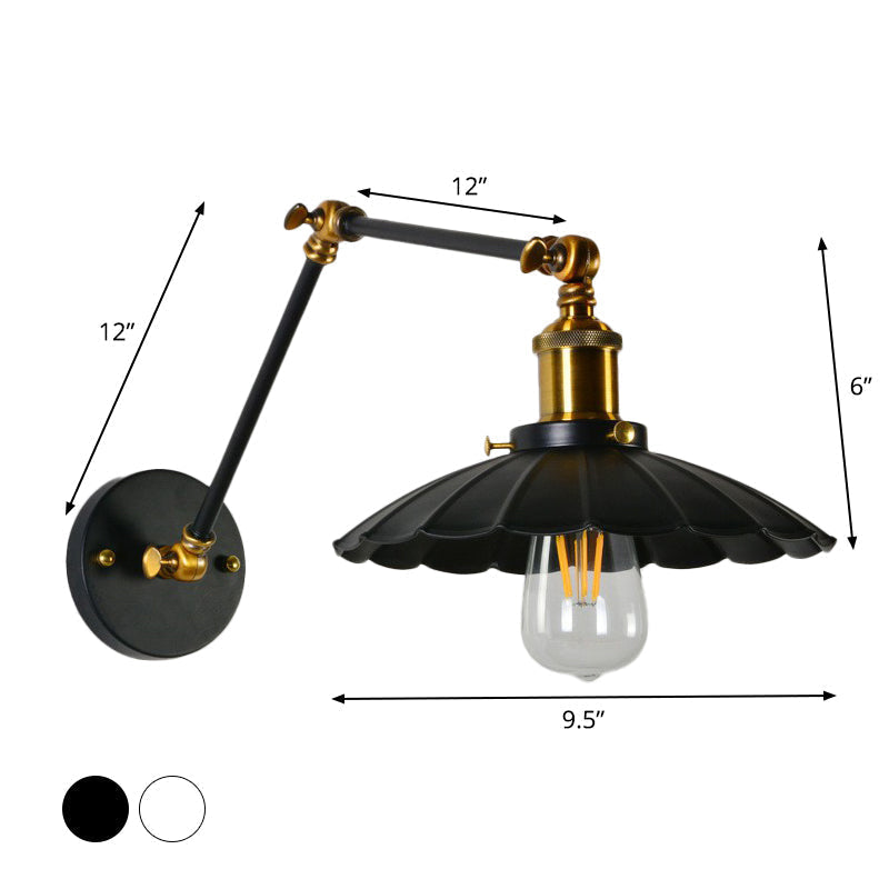 Scalloped Iron Wall Reading Lamp - Adjustable Arm Bedroom Light Black/White-Brass