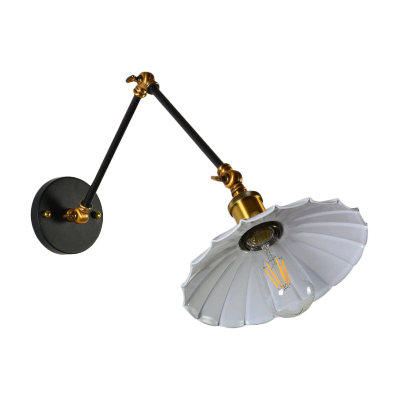 Scalloped Iron Wall Reading Lamp - Adjustable Arm Bedroom Light Black/White-Brass