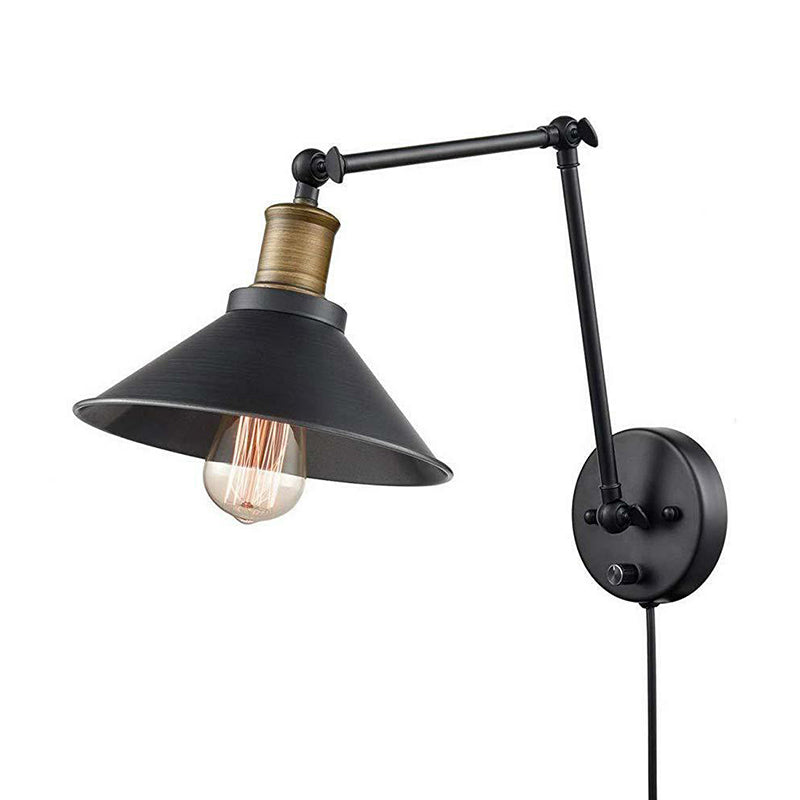 Farmhouse Cone Metal Wall Light - Swing Arm Mounted Lamp (1 Head) Black With/Without Plug