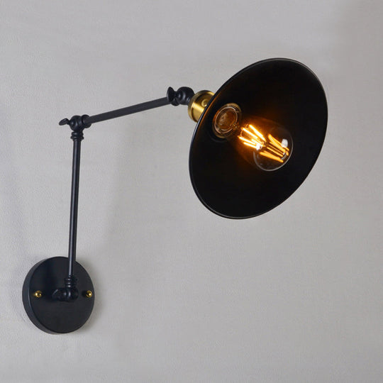 Black/White-Brass Reading Wall Lamp With Swing Arm - Iron Conical 1-Light Factory Lighting