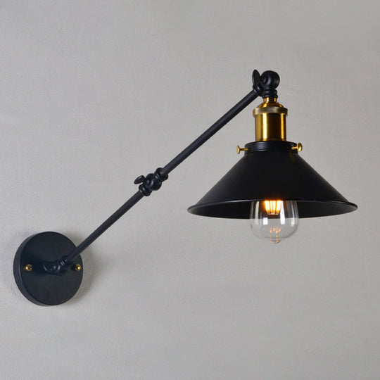 Black/White-Brass Reading Wall Lamp With Swing Arm - Iron Conical 1-Light Factory Lighting